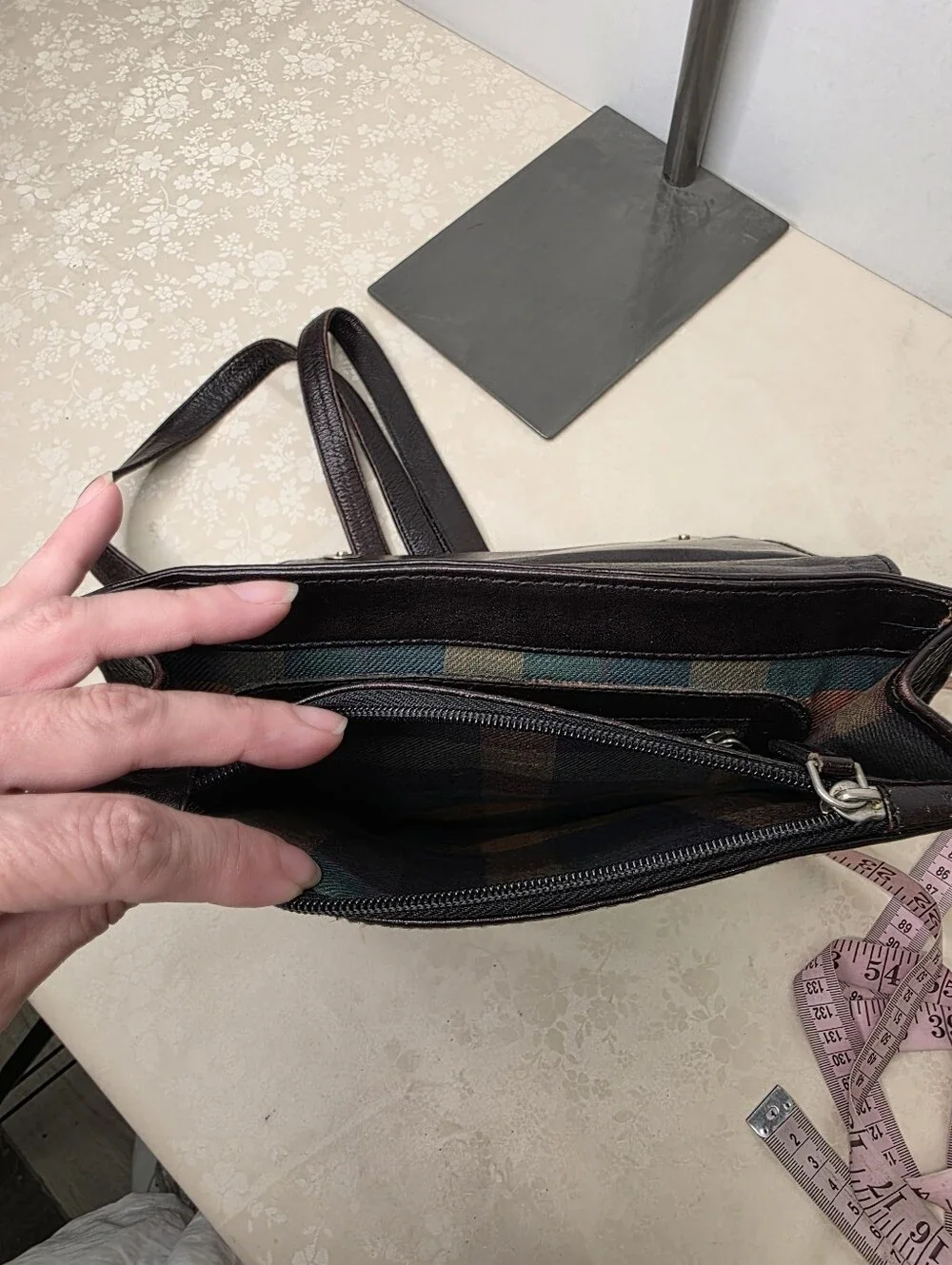 Hidesign Vintage Dark Brown Leather Backpack Flap Plaid Lining Academic